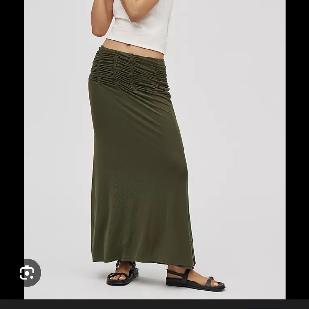 Anthropologie Maeve Ruched Yoke Column Maxi Skirt OLIVE
